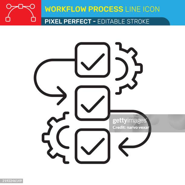 illustrations, cliparts, dessins animés et icônes de icône de processus de flux de travail - cases à cocher, engrenages et flèches, étapes séquentielles, design minimaliste, symbole d’efficacité, gestion des tâches - pixel parfait avec trait modifiable - icônes vectorielles ui et ux. - process steps infographic