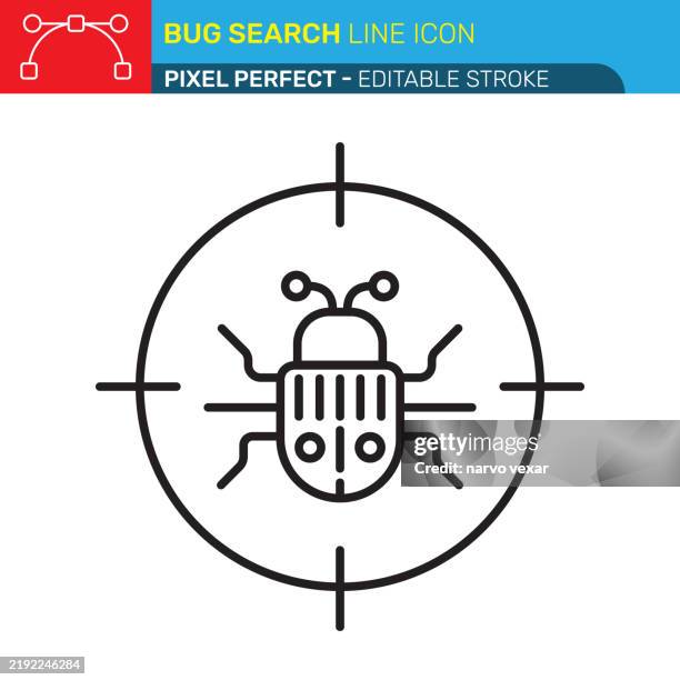 bug search icon - software debugging with target crosshair, digital insect, coding error symbol, minimalist design - pixel perfect with editable stroke - ui and ux vector icons. - stink bug stock illustrations