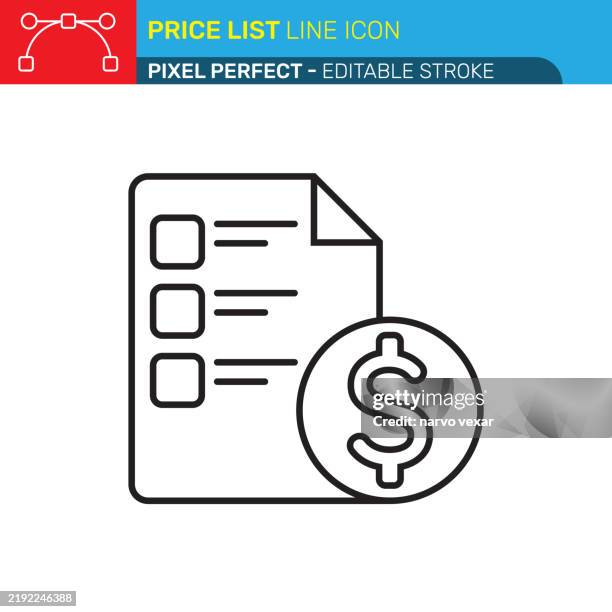price list icon: document with checklist and dollar sign in a minimalist design, clean lines representing a business concept. pixel-perfect precision and editable strokes for ui/ux vector icons - computer keyboard white background stock illustrations