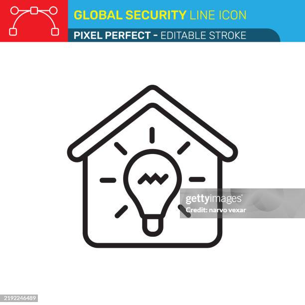 smart home security icon with light bulb and house , energy efficiency and innovation - energy efficient heating stock illustrations