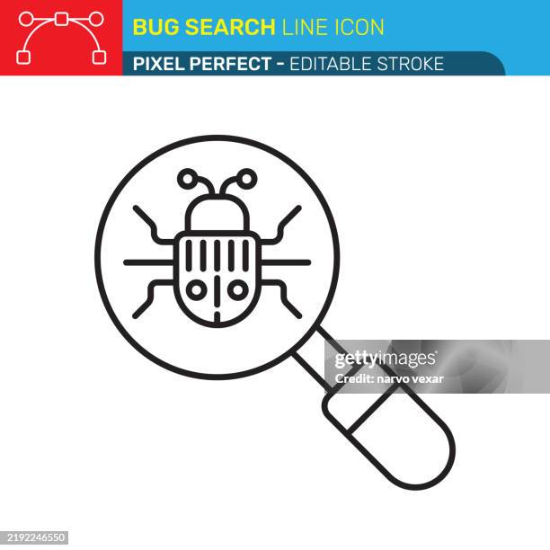 bug search icon with magnifying glass, computer beetle, digital insect, software debugging, minimalist design, black and white, technical illustration, editable stroke, pixel perfect. pixel perfect - editable stroke - ui, ux vector icons. - malware stock illustrations