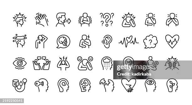 panic attack line icon set. group of object, stress, thinking, depression, behavior, thought. - pain drawing stock illustrations