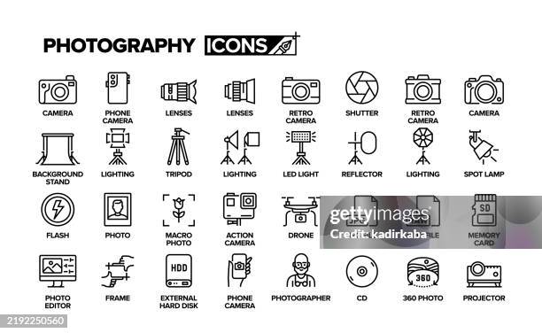 photography line icon set. group of object. photographer, camera, lenses, lighting, flash, drone, photo. - camera lens vector stock illustrations