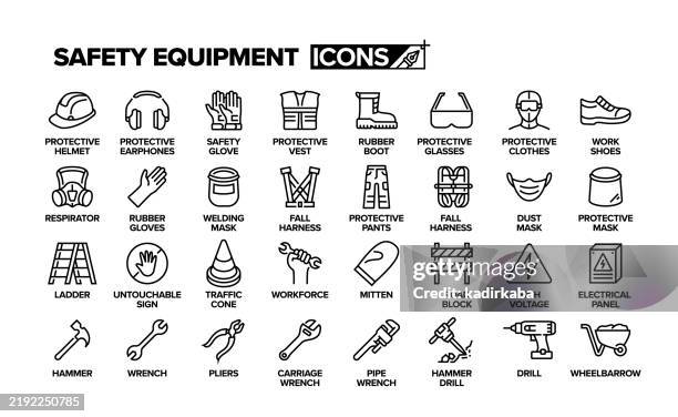 illustrations, cliparts, dessins animés et icônes de icône de la ligne d’équipement de sécurité au travail. groupe d’objets. casque de protection, écouteurs de protection, gilet de protection, sécurité. gant, chaussures de travail. - harnais de sécurité