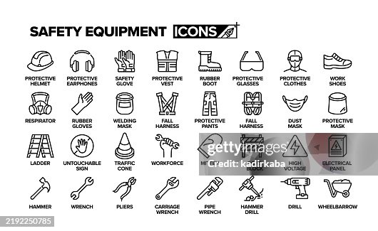 Work safety equipment line icon. Group of object. Protective helmet, protective earphones, protective vest, safety. glove, work shoes. Work safety equipment line icon. Group of object. Protective helmet, protective earphones, protective vest, safety. glove, work shoes.