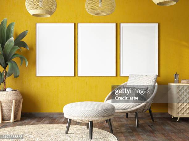 cozy scandinavian style living room with three empty picture frames - number 3 stock pictures, royalty-free photos & images
