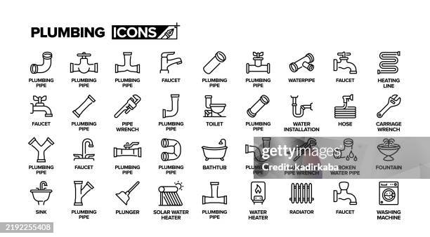 plumbing line icon set. group of object. pipe, bathtub, boiler, faucet, repair. - tube icon stock illustrations