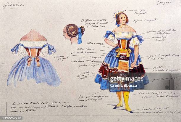 ilustraciones, imágenes clip art, dibujos animados e iconos de stock de imagen antigua de revista francesa, trajes de teatro - traje de época