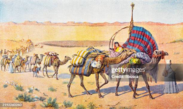 antique image from french magazine, desert people - camels arabic stock illustrations