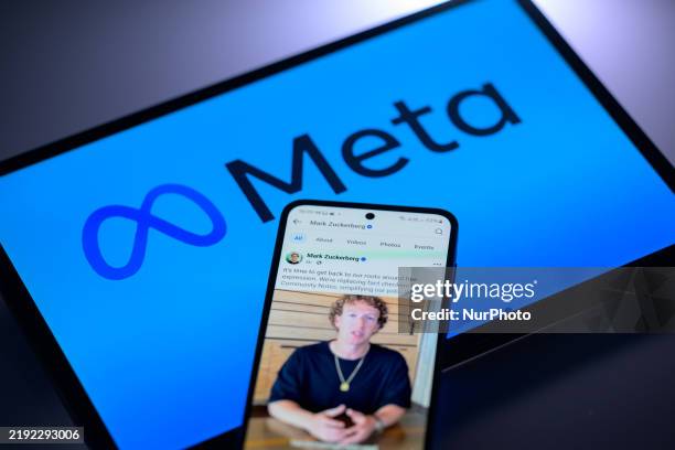 Mark Zuckerberg's personal Facebook account is displayed on a mobile phone with the Meta logo visible on a tablet screen in this photo illustration...
