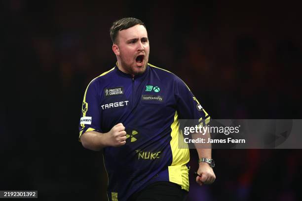 Luke Littler of England celebrates winning the first setduring the Final against Michael van Gerwen of The Netherlands during day sixteen of the...