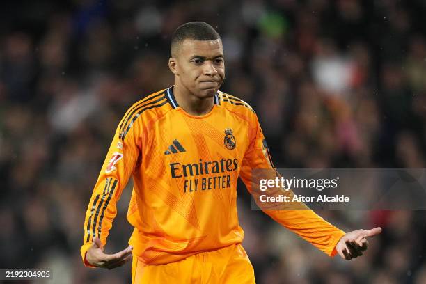 Kylian Mbappe of Real Madrid reacts during the LaLiga match between Valencia CF and Real Madrid CF at Estadio Mestalla on January 03, 2025 in...