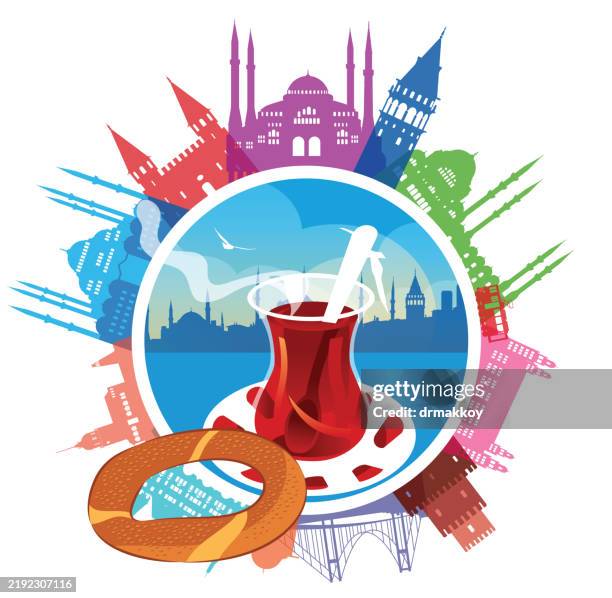 i̇stanbul symbols and turkish tea - grand bazaar stock illustrations