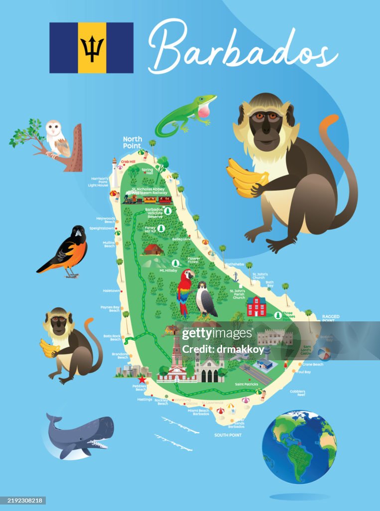 Travel Map of Barbados and Barbados Green Monkey