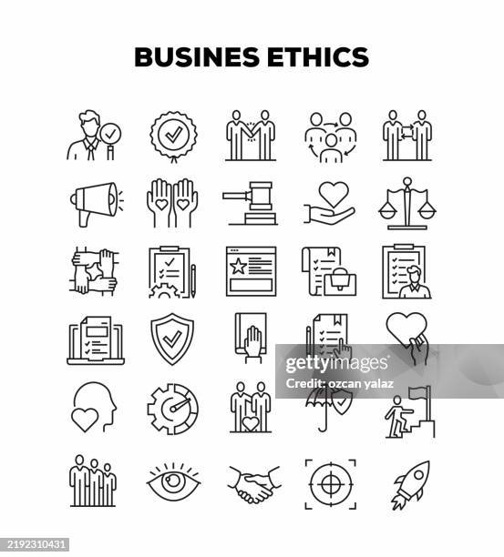 geschäftsethik reichtum bezogen linie icons set. bearbeitbarer strich. - umweltverantwortung stock-grafiken, -clipart, -cartoons und -symbole