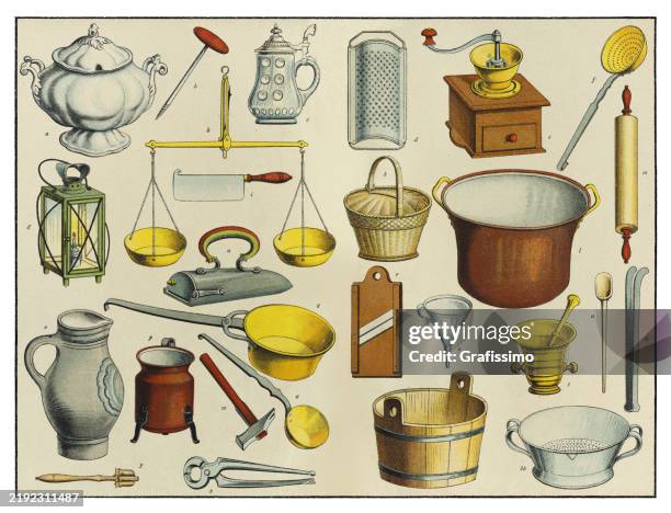 bildbanksillustrationer, clip art samt tecknat material och ikoner med antique vintage objects kitchen utensil 1874 illustration - kökstillbehör