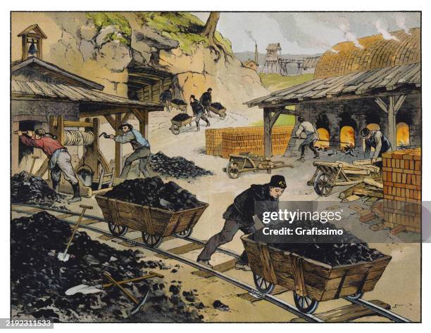 mineworker working at ore mining transporting coal 1874 illustration - coal mining stock illustrations