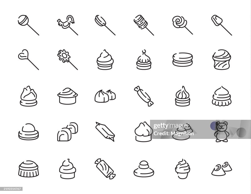 Herrliches Liniensymbol-Set mit Süßigkeiten, Desserts und Süßigkeiten, editierbarer Strich, Vektorillustration
