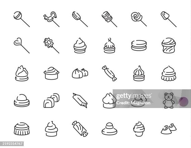 delightful line icons set featuring candies, desserts, and sweets, editable stroke, vector illustration - chewy bakery stock illustrations