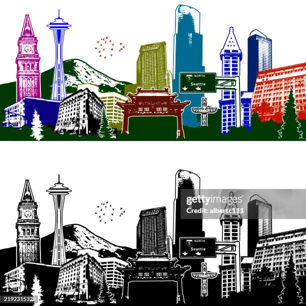 ilustraciones, imágenes clip art, dibujos animados e iconos de stock de paisaje urbano estilizado de seattle - seattle