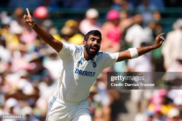 Jasprit Bumrah of India celebrates after dismissing Marnus Labuschagne of Australia during day two of the Fifth Men's Test Match in the series...