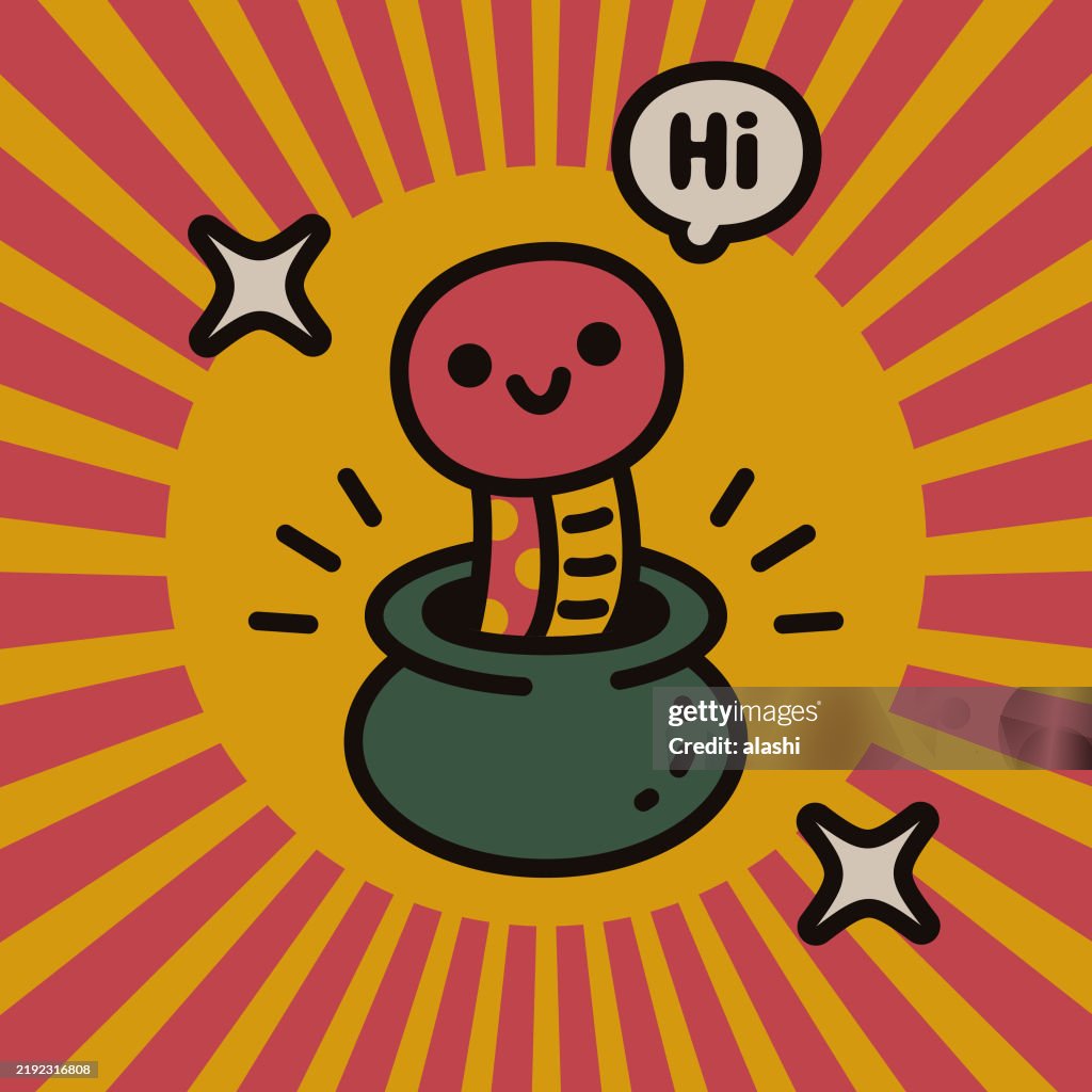 A cute snake pokes its head out of the basket, greeting happily, smiling, radial sunburst pattern background