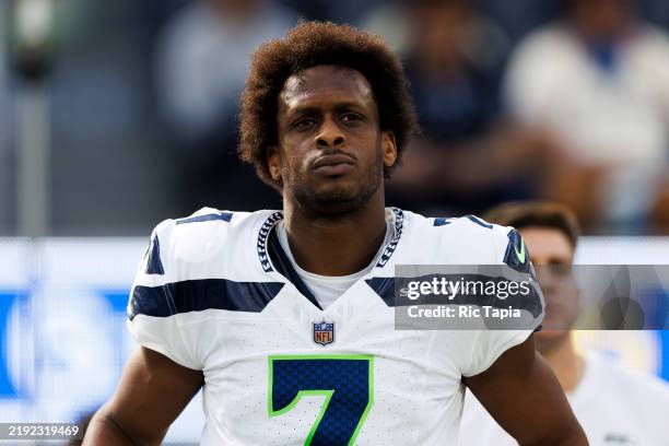Geno Smith of the Seattle Seahawks on the sideline during the fist half against the Los Angeles Rams at SoFi Stadium on January 5, 2025 in Inglewood,...
