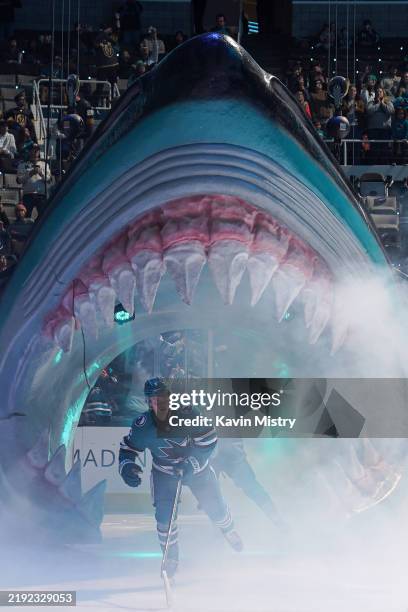 Will Smith of the San Jose Sharks takes the ice through the Shark Head before the game against the Vegas Golden Knights at SAP Center on January 7,...