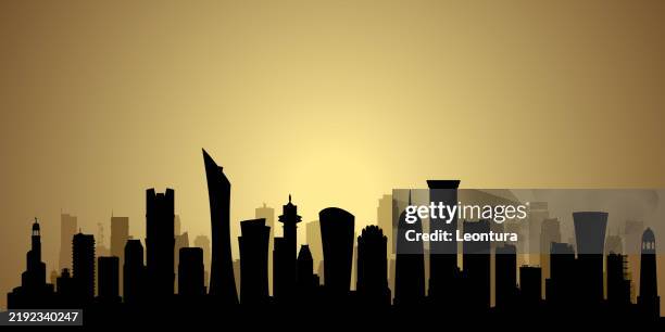 doha skyline silhouette (all buildings are complete and moveable) - coastal road stock illustrations