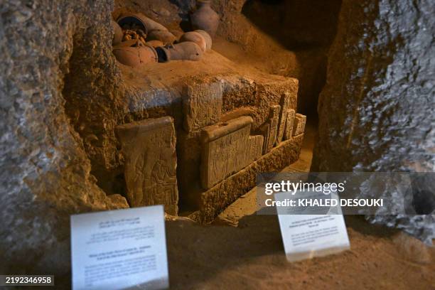 Archaeologic Cache A picture shows an intact cache of mummification material and tools ...