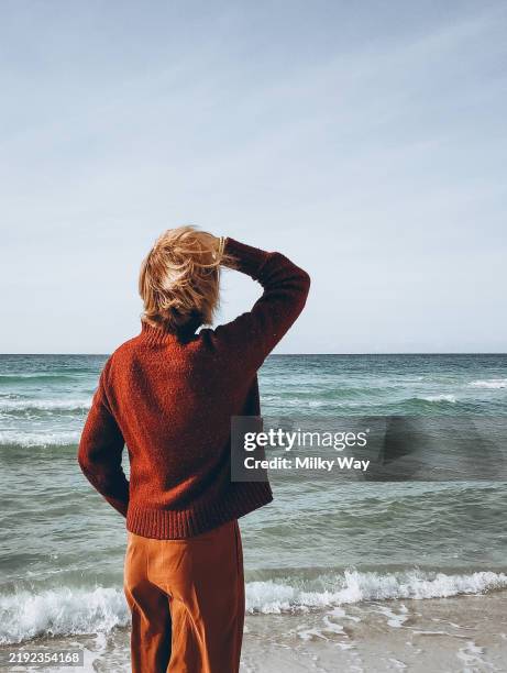 solitude by the sea: rear view of woman enjoying scenic ocean view on a breezy day. - retreating stock pictures, royalty-free photos & images