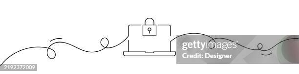 one continuous line drawing of computer security icon. single line vector illustration - laptop lock stock illustrations