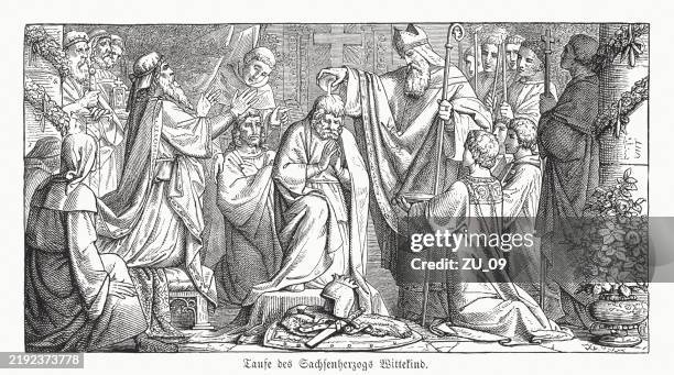 widukind baptism in attigny in 785, wood engraving, published 1883 - charlemagne stock illustrations