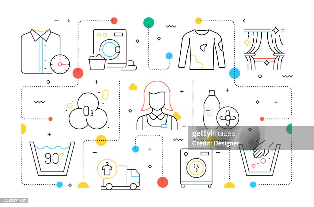 Laundry and Dry Cleaning Related Vector Illustration. Service, Clean, Clothes, Textile, Garment, Ironing, Washing