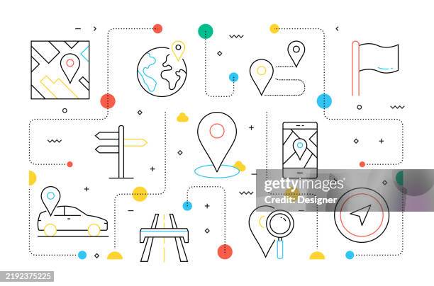 stockillustraties, clipart, cartoons en iconen met map and navigation related vector illustration. direction, gps, travel, destination, city, discovery. - bewegwijzeringspictogram