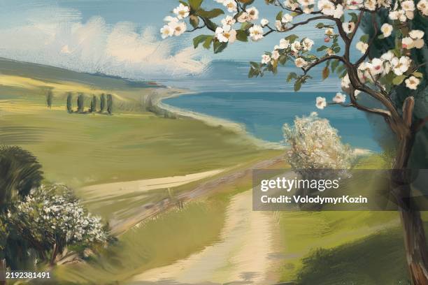 frühlingslandschaft an der meeresküste - unschuld stock-grafiken, -clipart, -cartoons und -symbole