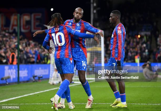 Jean-Philippe Mateta of Crystal Palace celebrates scoring his team's first goal with Eberechi Eze during the Premier League match between Crystal...