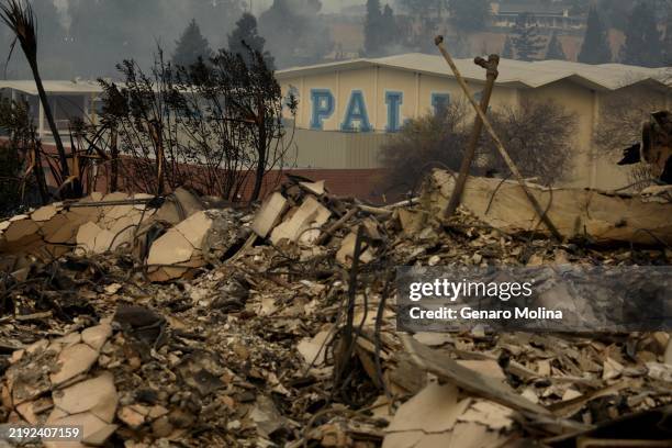 Pali High School rests across the street from homes destroyed in the Palisades fire in Pacific Palisades on January 7, 2025.