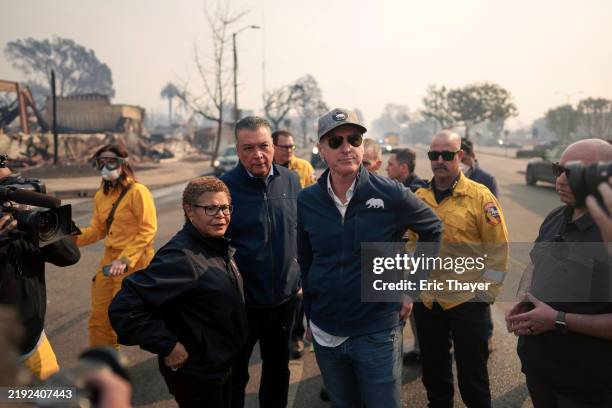 California Governor Gavin Newsom and Los Angeles Mayor Karen Bass tour the downtown business district of Pacific Palisades as the Palisades Fire...