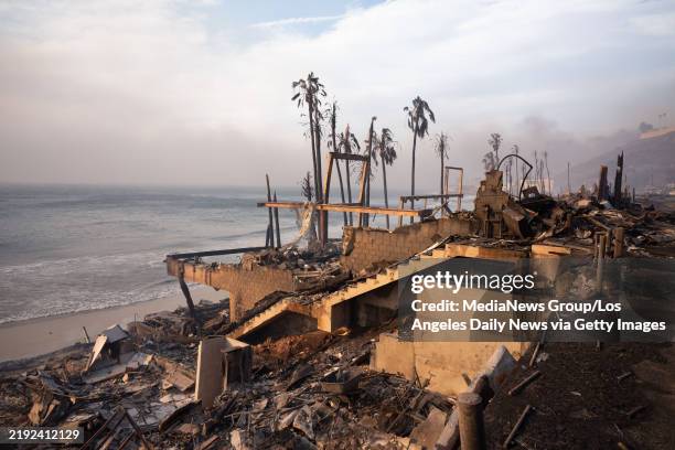 January 08: Dozens of beachfront homes in Malibu, CA were destroyed overnight in the Palisades Fire on Wednesday, January 8, 2025. High winds...