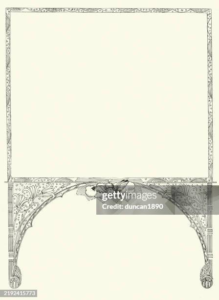 art nouveau border, picture frame with angel and flowers, vintage illustration 19th century - cherub stock illustrations