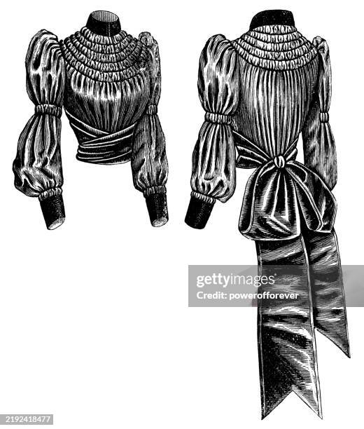 1890er viktorianische mode, damen geraffte satinbluse mit samtschleife und gerafften marie-ärmeln (vorder- und rückseite) - 19. jahrhundert - satinbluse stock-grafiken, -clipart, -cartoons und -symbole