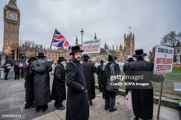 Orthodox Jewish Elders from the religious Charedi community gather for a protest outside Parliament. Hundreds of Strictly Orthodox Jews protested...