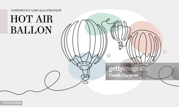 illustrazioni stock, clip art, cartoni animati e icone di tendenza di disegno a linea continua in mongolfiera con forme a colori - mongolfiera