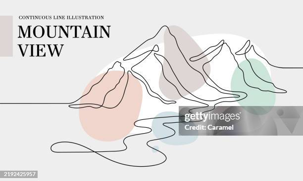 ilustraciones, imágenes clip art, dibujos animados e iconos de stock de dibujo de líneas continuas de mountain view con formas de color - montañismo