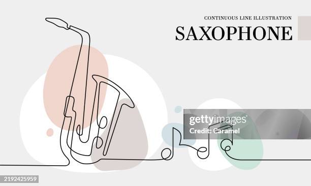 saxophone continuous line drawing with color shapes - saxophone players clip art stock illustrations