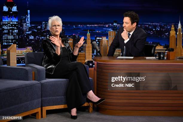 Episode 2075 -- Pictured: Actress Jamie Lee Curtis during an interview with host Jimmy Fallon on Wednesday, January 8, 2025 --
