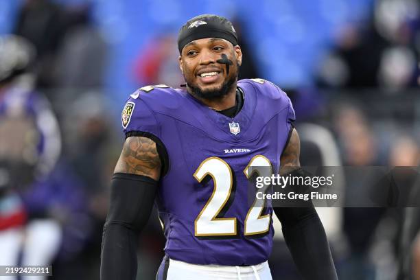 Derrick Henry of the Baltimore Ravens looks on before the game against the Cleveland Browns at M&T Bank Stadium on January 04, 2025 in Baltimore,...