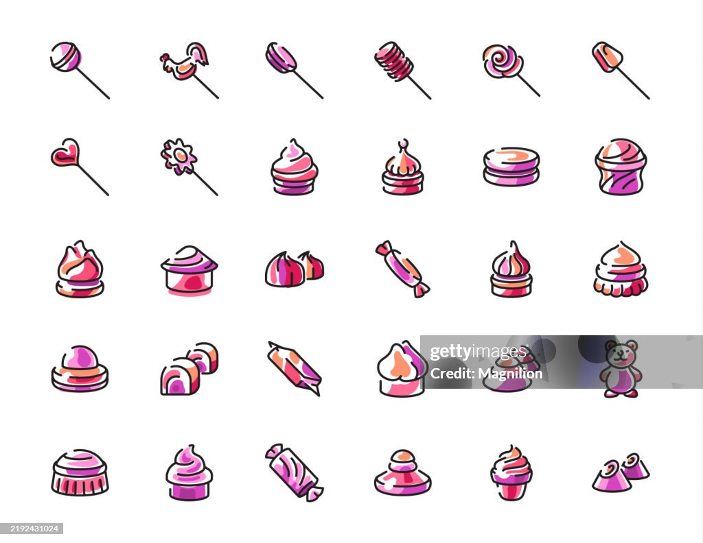 A Colorful Collection of Candy and Confectionery Icons Featuring Lollipops, Cupcakes, and Candy Wrappers in Vibrant Pink Tones, Designed With a Modern Artistic Style, Editable Stroke