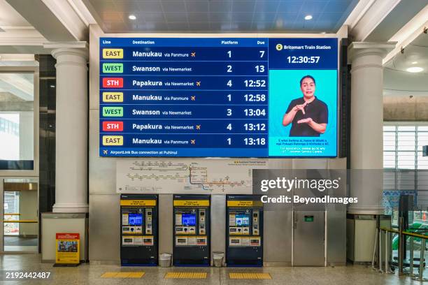 britomart railway station departure board, auckland new zealand - liquid crystal display stock pictures, royalty-free photos & images